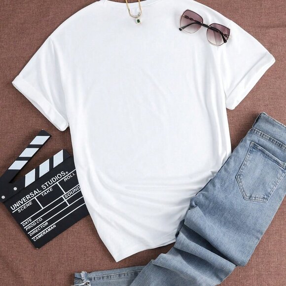 White Casual Women's Style T-Shirt Street Personality Round Neck Top - Picture 2 of 4